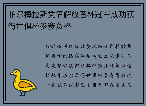 帕尔梅拉斯凭借解放者杯冠军成功获得世俱杯参赛资格